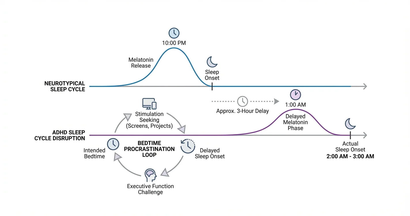 ADHD Sleep Cycle Disruption: Melatonin Release Delayed and Bedtime Procrastination