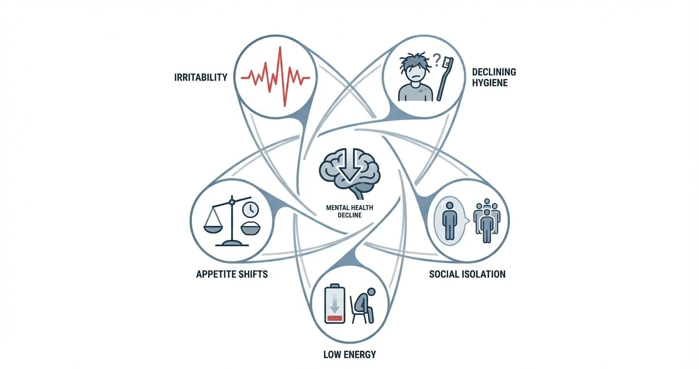 Mental Health Decline Indicators Through Irritability Changes Appetite Shifts Low Energy Social Isolation Declining Hygiene