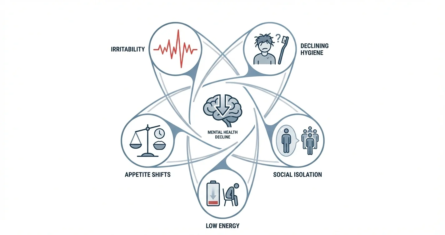 Mental Health Decline Indicators Through Irritability Changes Appetite Shifts Low Energy Social Isolation Declining Hygiene
