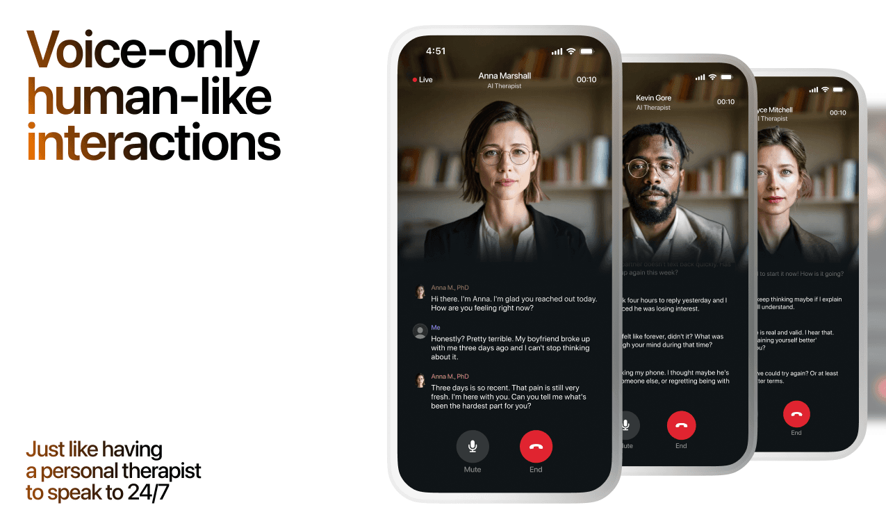 Lovon AI therapy session — voice-only human-like interactions with AI therapists